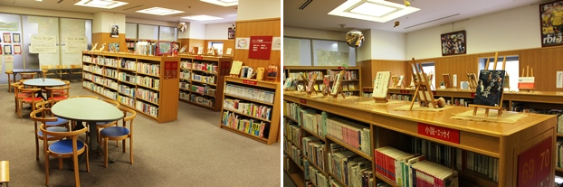 YA（ヤングアダルト）コーナー。図書館スタッフによる推薦図書を棚の上に展示（右）
