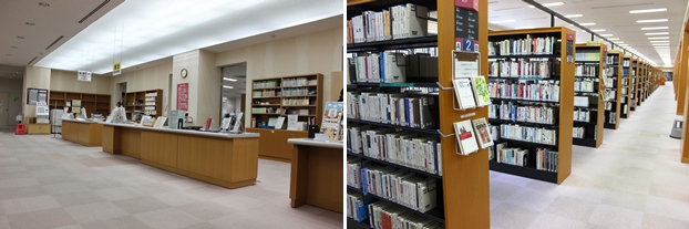 （左）総合案内カウンター。（右）一般図書書架