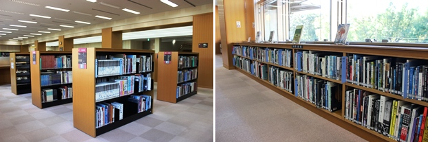 大型図書は2階中央部と窓際に配置。棚と棚の幅が広く、容易に取り出せる