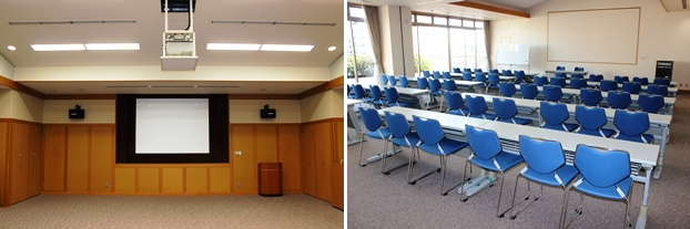 （左）視聴覚ホール。（右）講習室
