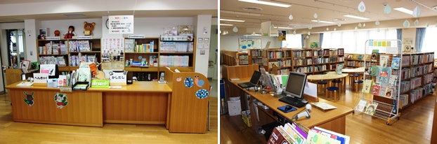 （左）児童室カウンター。（右）児童室内の装飾はすべて図書館スタッフの創意工夫によるものだ