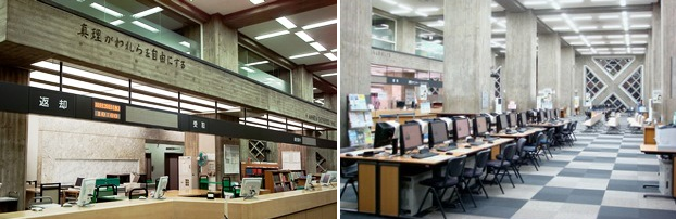 本館の図書カウンター（左）と検索ホール（右）