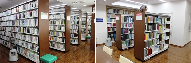 （左）社会科学関連の書架。（右）参考図書の書架